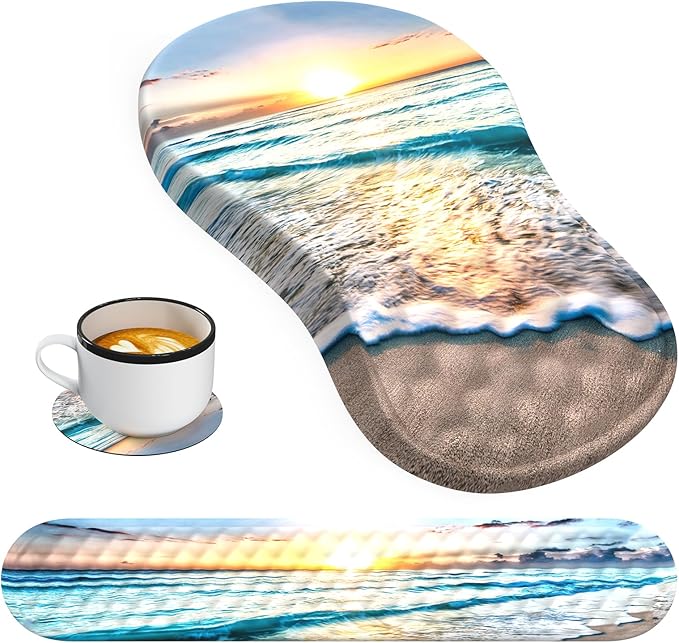 HAOCOO Ergonomic Mouse Pad with Wrist Rest and Keyboard Wrist Rest Pad, Wrist Rest for Computer Keyboard and Mouse Pad Cushion Set, Typing Mousepad with Wrist Support for Office Laptop, Beach