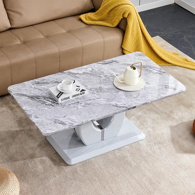 LKTART Rectangle Coffee Table for Living Room, Imitation Marble Coffee Tables with Storage, Modern Stable Base Accent Center Tea Table for Dining Room Small Space Apartment (43.3''L×22.4''W-Grey)