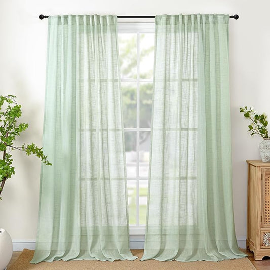 YoungsTex Sage Green Linen Semi Sheer Curtains 84 Inch Length for Living Room, Rustic Light Filtering Window Treatments Textured with Rod Pocket Back Tab for Bedroom Dining, 2 Panels, 52 X 84 Inch