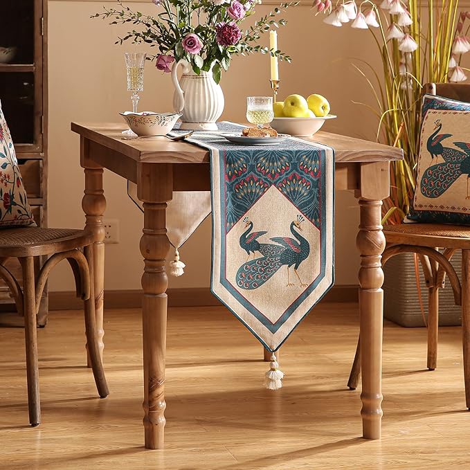 Vintage Blue Peacock Table Runner for Table,Decorative Linen 87 Inches Long Table Runners,Cheesecloth Decor Tabletop for Kitchen,Dining,Tea Party,Home,Christmas,12"*87"