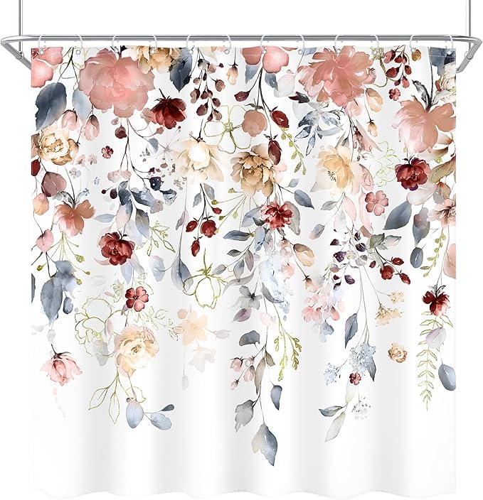 Floral Shower Curtain 72Wx72L Inch Coral Pink Colorful Flower Blue Eucalyptus Leaves Pretty Watercolor Pastel Bathroom Set Plant Botanical Country Bath Curtain Bathtub Accessories Home Decor
