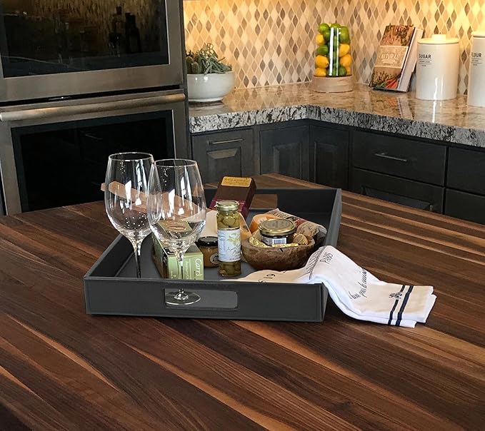 HofferRuffer Rectangle Serving Tray with Hole Handles for Coffee Table, Breakfast, Tea, Food, Butler - Countertop, Kitchen, Vanity Serve Tray, 16.2 x 12.2 x 2 inches, Faux Leather Tray (Black)