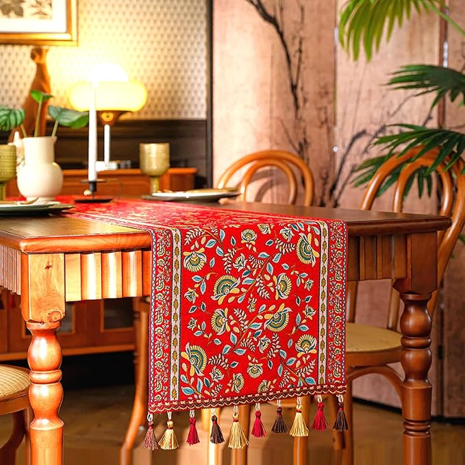 13×72 Inch Table Runner, Retro-Luxury Tassels Series for Kitchen Dining Table Holiday Decoration (Red Branch)