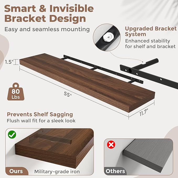 Floating Shelves for Wall with Invisible Brackets, Wall Mounted Engineered Wood Shelves with Wood Grain for Living Room, Bedroom, Bathroom, Kitchen Decor and Storage, Oak, 55"L Set of 2, Walnut
