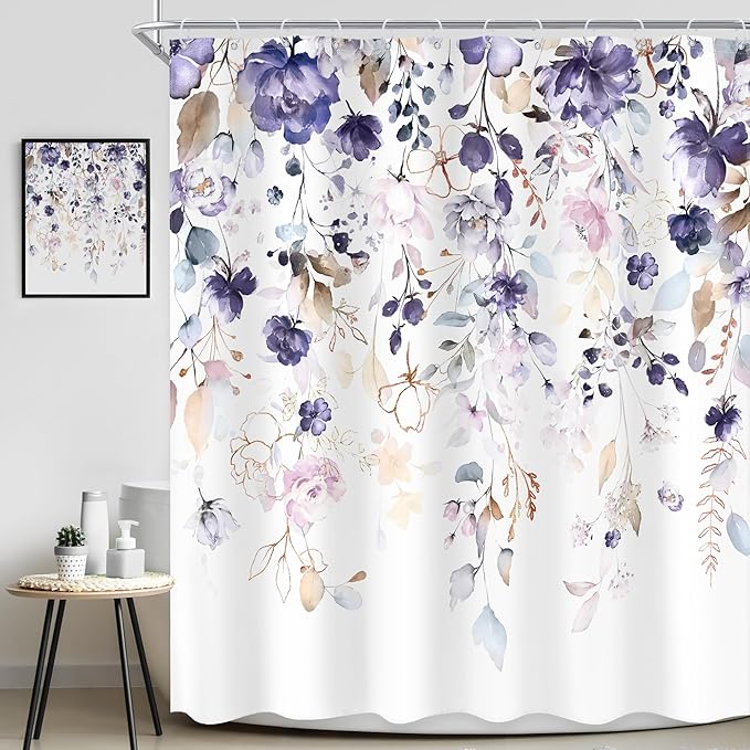 Floral Flower Shower Curtain 60Wx72L Inch Purple Pink Leaf Rustic Girly Boho Wildflower Eucalyptus Botanical Plant Country Bathroom Set Spring Bath Curtain Bathtub Accessories Home Decor