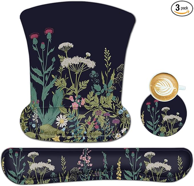 AIMSA Ergonomic Keyboard Wrist Rest and Mouse Pad with Wrist Support Set, Memory Foam Non-Slip Rubber Base, for Home, Office, Easy Typing, Pain Relief, Flowers Plants