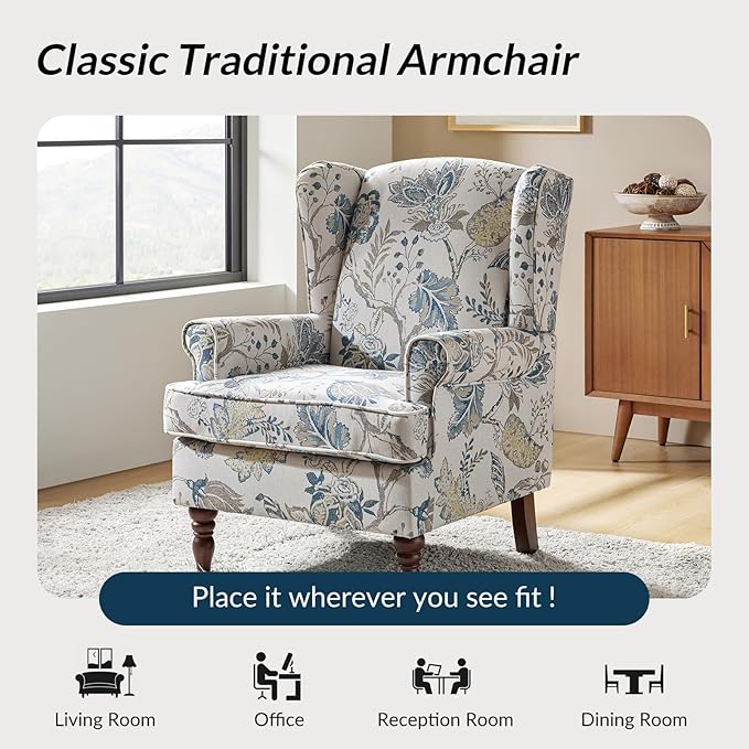 HULALA HOME Wingback Accent Chair with Retro Wood Legs, Traditional Fabric Armchair for Living Room Bedroom, Comfy Upholstered Single Sofa Chair Reading Chair with Unique Pattern Design, Blue