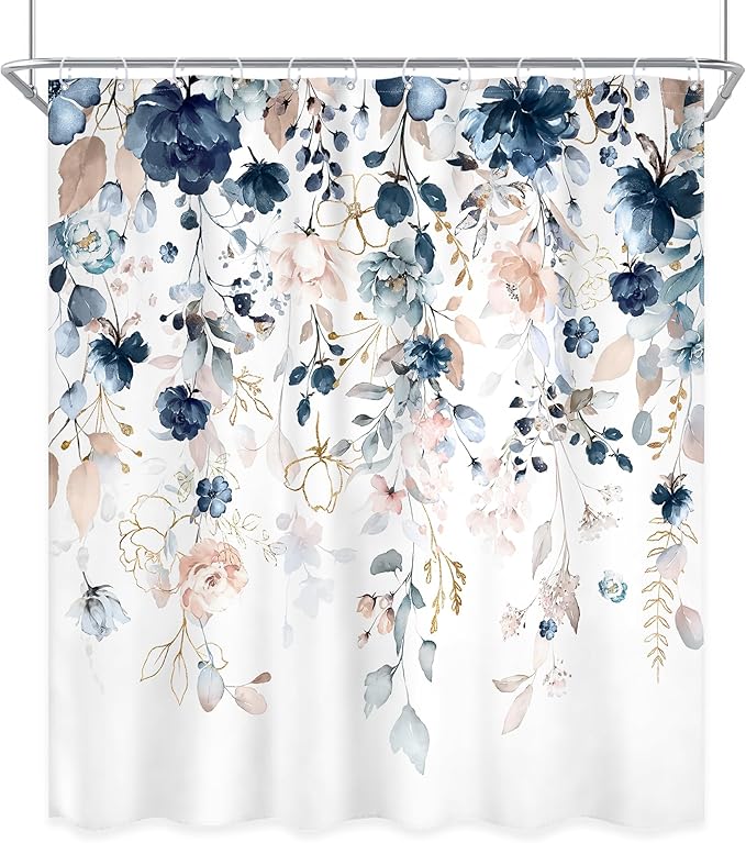 Blue Pink Floral Shower Curtain Extra Long 72Wx84L Inch Rustic Floral Boho Wildflower Watercolor Gold Eucalyptus Leaf Bathroom Set Plant Botanical Bath Curtain Bathtub Accessories Home Decor