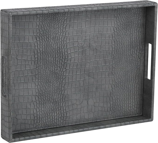 HofferRuffer Rectangle Serving Tray with Hole Handles for Coffee Table, Breakfast, Tea, Food, Butler - Countertop, Kitchen, Vanity Serve Tray, 16.2 x 12.2 x 2 inches, Faux Leather Tray (Dark Grey)