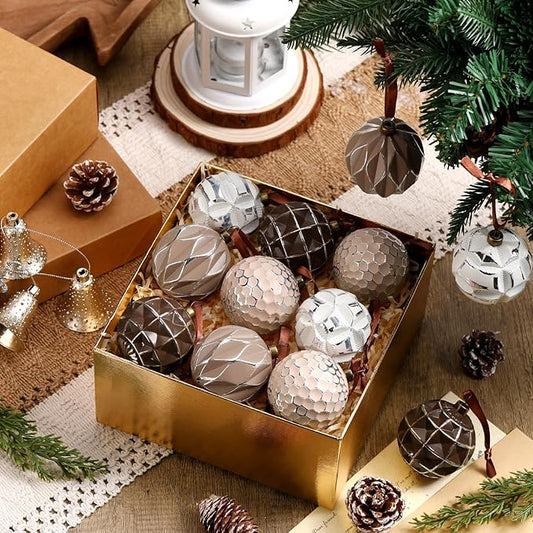 Syhood 12 Pcs Neutral Textured Christmas Ball Ornaments 2.4 Inch Vintage Xmas Tree Decorations Rustic Distressed Xmas Baubles Antique Farmhouse Modern Christmas Decor for Tree Home (Earth Tones)