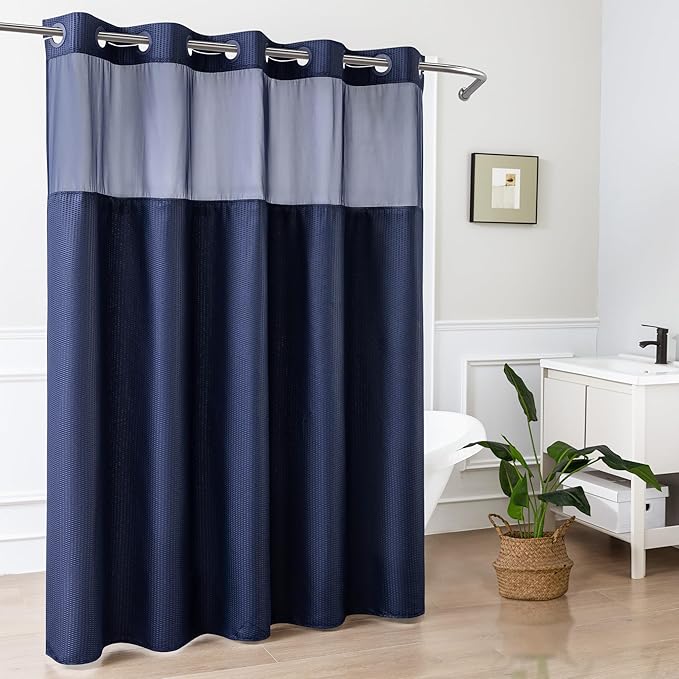 Mrs Awesome No Hook Shower Curtain with Snap-in Liner, Embossed Waffle Design Fabric Shower Curtain for Bathroom, Soft & Lightweight, 71x74, Navy Blue