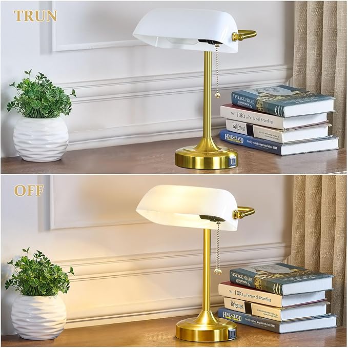 Vintage Desk Lamp Bankers Lamp - Retro Table Lamp with USB & Type C Charging Ports Traditional Pull Chain Switch Library Lamp for Home Office Nightstand Bedroom Side Table Lamp(T45 Bulb Included)