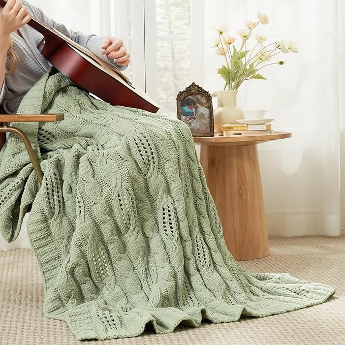 Amélie Home Chunky Knit Chenille Throw Blanket, Dual-Sided Soft Chenille Breathable Cable Knitted Blanket for Couch, Farmhouse Decorative Throw for Sofa & Chair, 60"x80", Sage Green