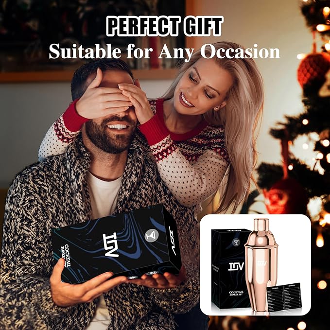 IOV Cocktail Shaker, 24 oz Martini Shaker, Drink Mixer with Built-in Strainer, Professional Stainless Steel Margarita Alcohol Shaker with Cocktail Recipe Guide, Bartender Kit Gifts, Rose Gold