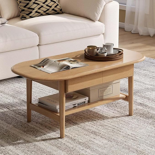 100% Solid Wood Coffee Table for Living Room, 2-Tier Coffee Table with 2 Drawers and Shelf Storage, Mid Century Modern Living Room Table for Home (Oak Natural Wood, 39.37'' W)