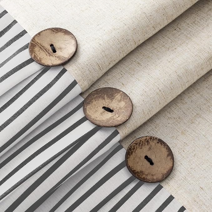 Awellife Farmhouse Black Shower Curtain Button Linen Textured Woven Fabric,Pleated Black Stripe,Country Style,72x72 Inch