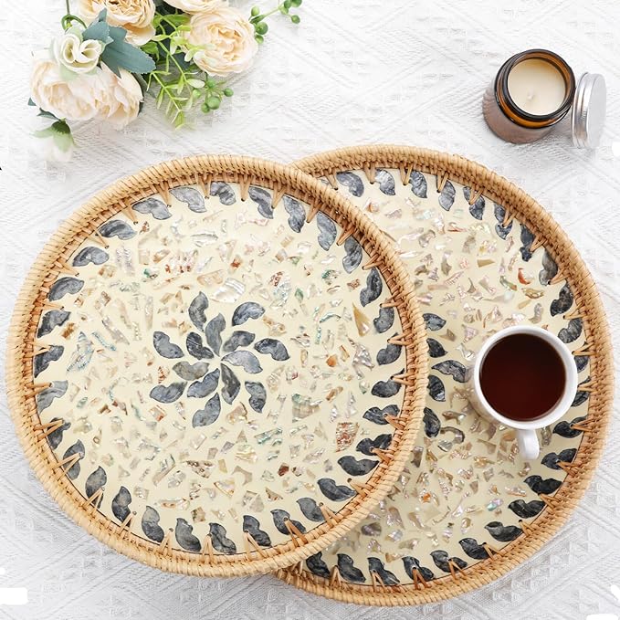 Rattan Serving Tray with Mother of Pearl, Round Coffee Table Tray Decor, Round Wicker Tray, Boho Decorative Tray, Woven Tray (Lucky Flower, 11.8 & 13.8 inch)