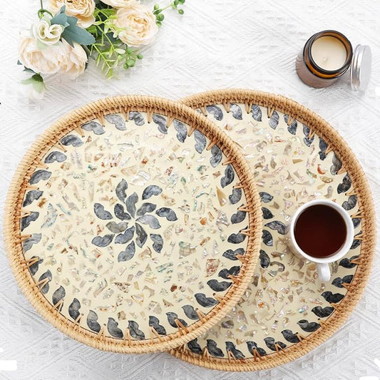 Rattan Serving Tray with Mother of Pearl, Round Coffee Table Tray Decor, Round Wicker Tray, Boho Decorative Tray, Woven Tray (Lucky Flower, 11.8 & 13.8 inch)
