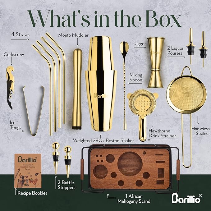 Barillio Gold Bartender Kit – 23-Piece Stainless-Steel Cocktail Shaker Set with Premium African Mahogany Stand | Martini Barware Mixing Tools for Home Bartending | Gift Set