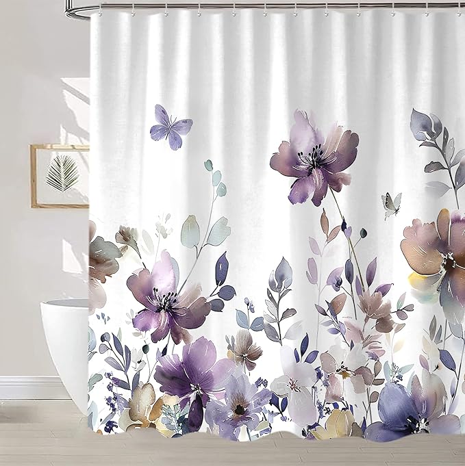 Sanzugh Purple Floral Shower Curtain, Cute Boho Watercolor Flower Wildflower Leaves Butterfly White Fabric Shower Curtains Set for Bathroom Decorative with Hooks 72 X 78 inch Spring Bath Decor