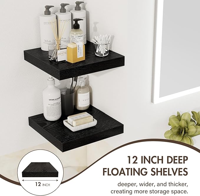 12 Inch Floating Shelves, 12" Deep Floating Shelf Wall Mounted, 12" Wall Shelves, Rustic Deep Bookshelf, Extra Deeper Display Shelves & Storage Shelves for Bedroom, Living Room, Set of 3