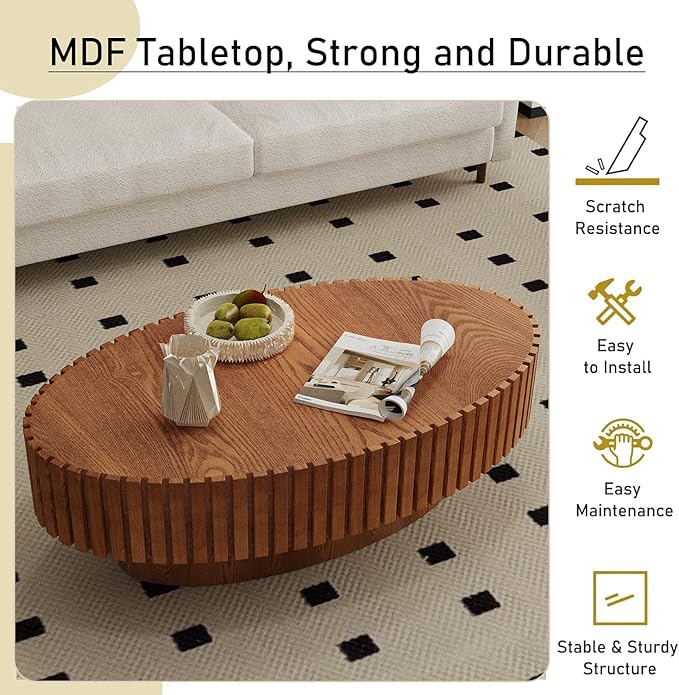 Oval Fluted Coffee Table Mid Century Modern Coffee Tables with Handcrafted Relief Ellipse Drum End Table Rustic Industrial Center Tables for Apartment Living Room (Wood Oval)