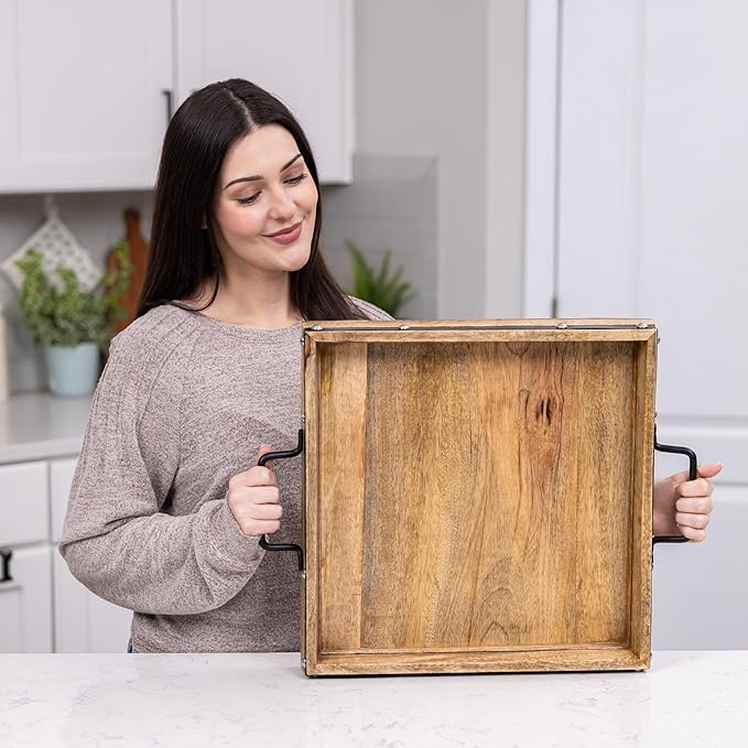 16"x16" Large Square Ottoman Tray, Heavy Duty Mango Wood, for Serving Tea, Breakfast in Bed, Living Room Large Coffee Table Tray Rustic with Farmhouse Style, Decorative Handles and Accent Strap