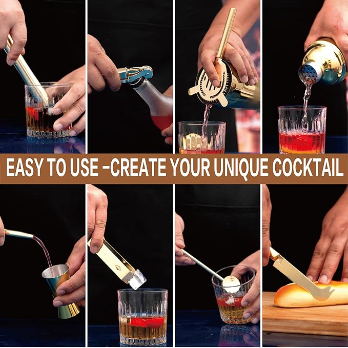 9Pcs-Cocktail Shaker Set Bartending Kit Cocktail Bar Set Cocktail Mix Drink Making Kit Professional Bar and Home Drink Bar Tools for Bartender (Gold, 9Pcs)