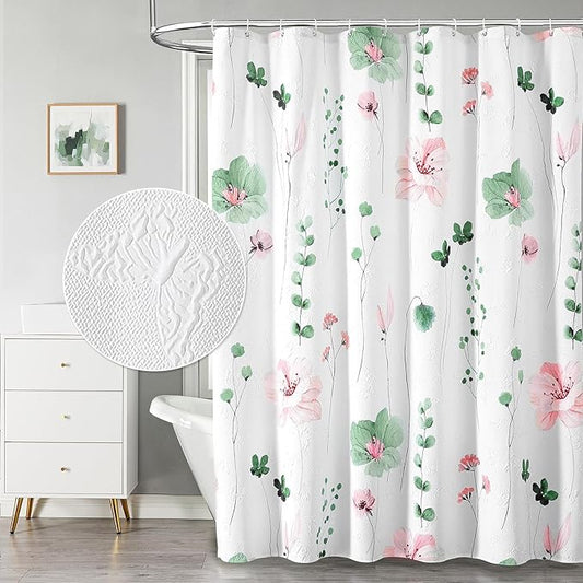 QiyI Watercolor Floral Shower Curtain, 3D Embossed Butterflies Sage Green Botanical Bathroom Curtain, Pink Flowers Cloth Bath Curtain, Waterproof Fabric Textured Shower Curtain Set with Hooks, 72x72