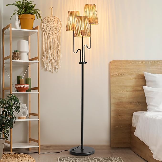 Dimmable Floor Lamp, 68in. Boho Floor Lamps with Natural Shade, 3-Light Tree Lamp for Coastal, Beach or Bohemian Style Decor, E26 Socket, Rotary Switch Standing Lamp for Living room, Bedroom