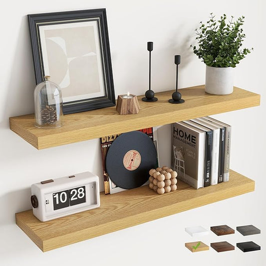 36 Inch Floating Shelves for Wall Set of 2, 8"D Wood Grain Bathroom Shelves with Invisible Brackets, Easy Install Engineered Wood Storage Shelves for Kitchen, Living Room, Bedroom, Oak Finish