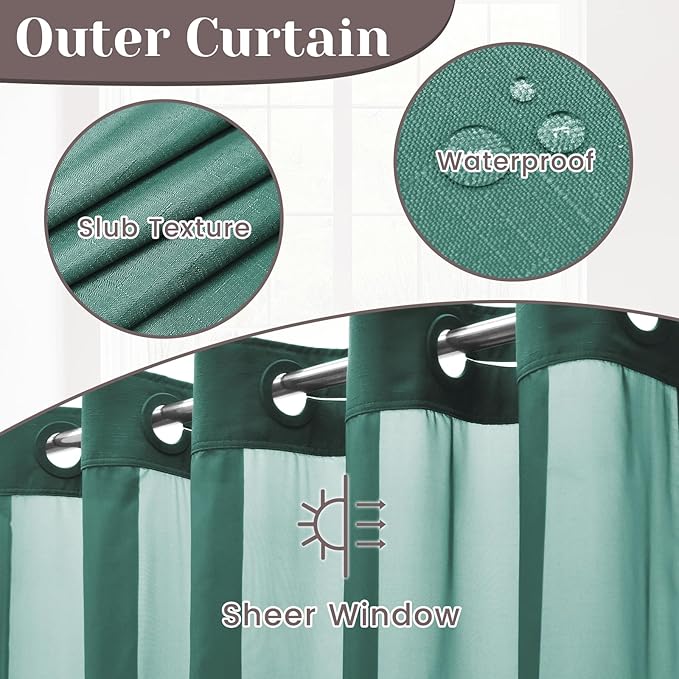 No Hook Slub Textured Shower Curtain with Snap in Liner - Peacock Blue Fabric Outer Curtain & Waterproof Inner Liner, Hotel Style with See Through Top Window, 71x74 in