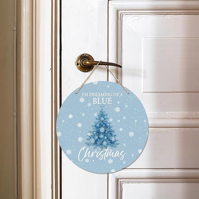 CGBHW Blue Christmas Tree Wooden Sign, Winter Holiday Theme Hanging Sign Wall Decor for Girls Room Home College, Aesthetic Christmas Xmas Snowflake Door Decor 12 x 6 Inch