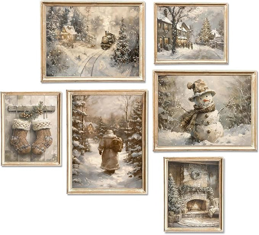 Vintage Christmas Wall Art Prints Set of 6 Warm Winter Santa Snowman Posters Prints Neutral Snowy Landscape Xmas Aesthetic Wall Decor Pictures for Gallery Living Room Bedroom Unframed (3pcs 8x10in+3pcs 11x14in)