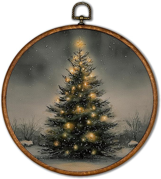 KSDUT Vintage Christmas Wall Decor Art - Retro Christmas Tree Wall Art Canvas Frame Hanging Prints, Merry Xmas Holiday Round Wall Art Decor for Home Farmhouse Decorations 10"x10"