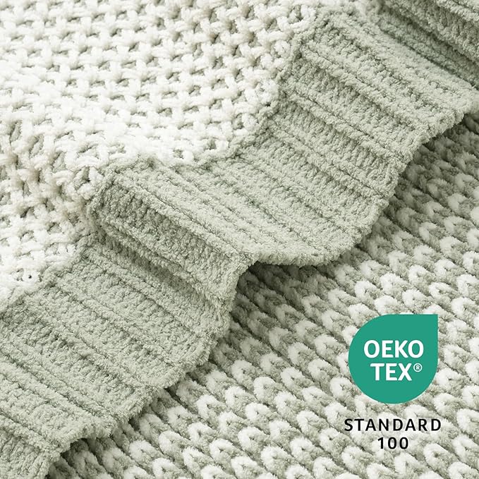 Amélie Home Honeycomb Knit Throw Blanket for Couch, Dual-Sided Soft Chenille Decorative Blankets for Sofa & Chair, 50"x60", Sage Green & White