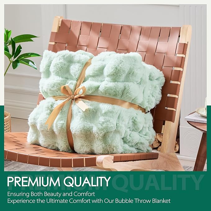 Luxury 1000GSM Faux Rabbit Fur Throw Blanket, Super Heavy Warm Cozy Blankets for Couch Bed Sofa, Bubble Plush Fuzzy Elegant Soft Reversible Mink Blanket for Living Room Bedroom, Green