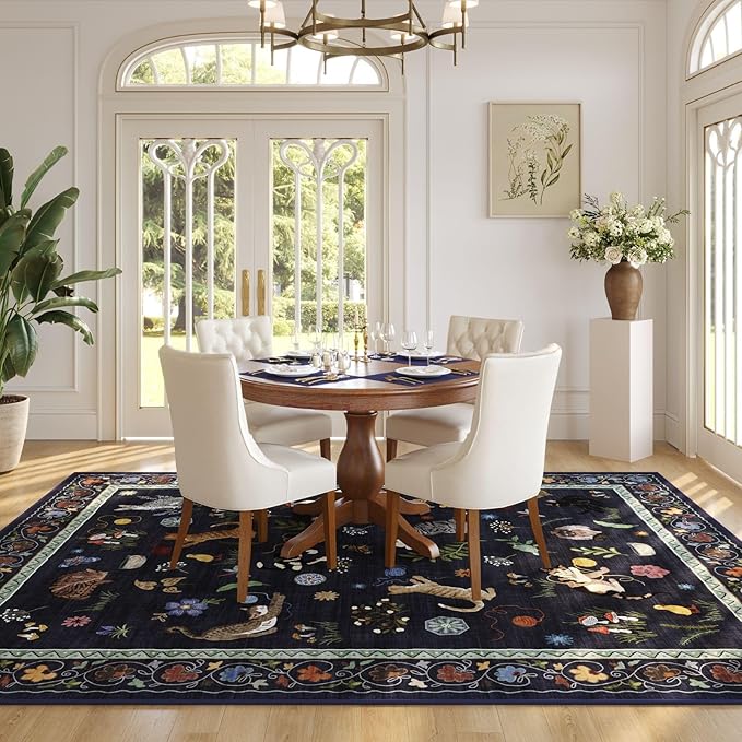 Rugcomf Area Rugs 8x10 Rug for Living Room Clearance Washable Boho Area Rug Non Slip Floral Animal Cat Vintage Low Pile Large Rug for Bedroom Farmhouse Dining Room Kids Playroom, Cobalt Blue