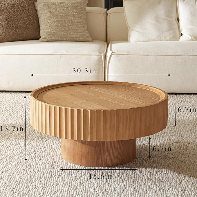 Round Coffee Table, Modern Living Room Tables with Mushroom Shape and Grooved Design, Large Coffee Tables, Circle Pinewood Center Table for Living Room (Nature Wood, 30.3''L×13.7''H)