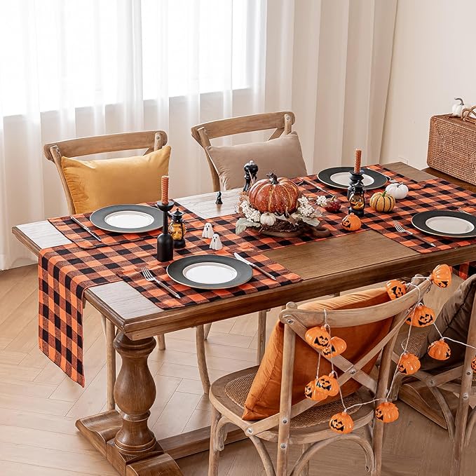 Softalker Fall Checkered Table Runner - Orange Buffalo Plaid Halloween Thanksgiving Stain Resistant Washable Table Decoration for Dining/Parties/Holiday Decor, 13 x 90 Inch
