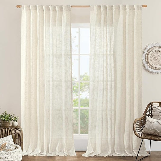 LAMIT 60 Inch Wide Linen Curtains 95 Inches Long, Ivory Cream Light Filtering Faux Linen Textured Bedroom Panels Semi Sheer Back Tab and Rod Pocket Boho Drapes for Living Room/Farmhouse, 2 Panels