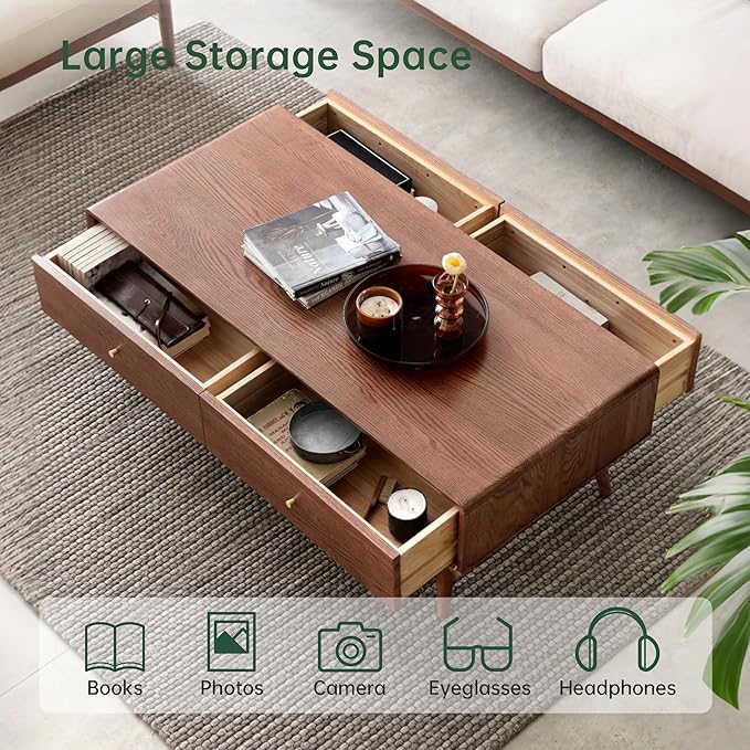 100% Solid Wood Coffee Table for Living Room, 47.24" W Mid Century Modern Coffee Table with 4 Drawers, Oak Coffee Tables for Home (Walnut Wood Color, 47.24" W)