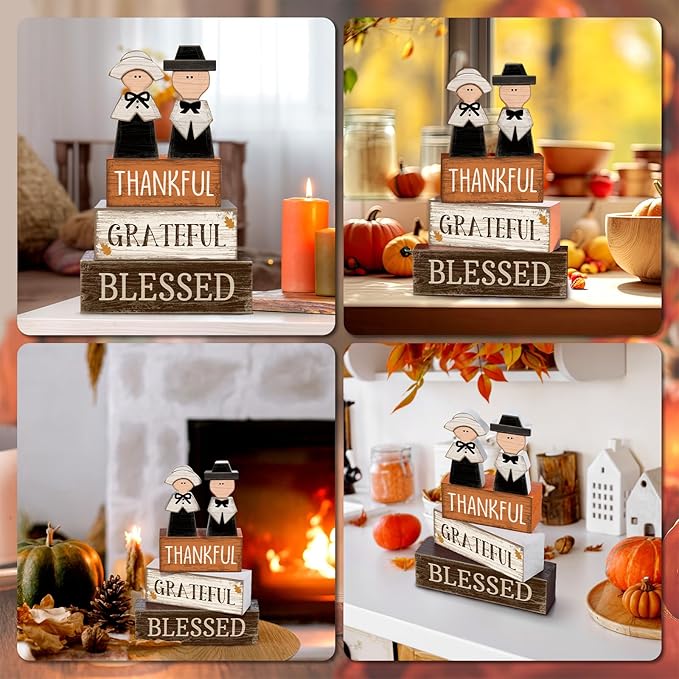 4 Pcs Fall Table Decor Pilgrim Couple Wooden Sign Thanksgiving Tiered Tray Decor Fall Centerpiece Rustic Decorative Pilgrim Block Signs Gift Farmhouse Autumn Decoration for Home Kitchen