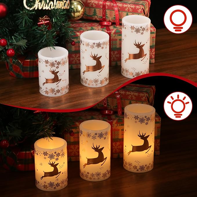 DRomance Gold Deer Flameless Flickering Candles Battery Operated with 6H Timer, 3 Pack Real Wax Warm Light LED Pillar Candles Dinner Tabletop Holiday Centerpiece Decor 3" x 6"