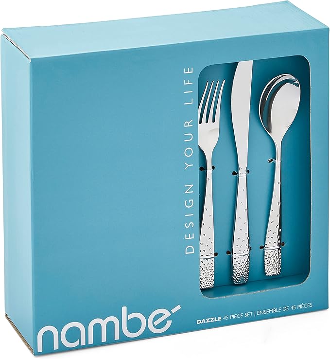 nambe Dazzle 45-Piece Flatware Set Service for 8 Plus Butter Knife, Sugar Spoon and 3 Piece Hostess Set, 18/10 Mirror Stainless Steel Silverware Cutlery Set, Dishwasher Safe
