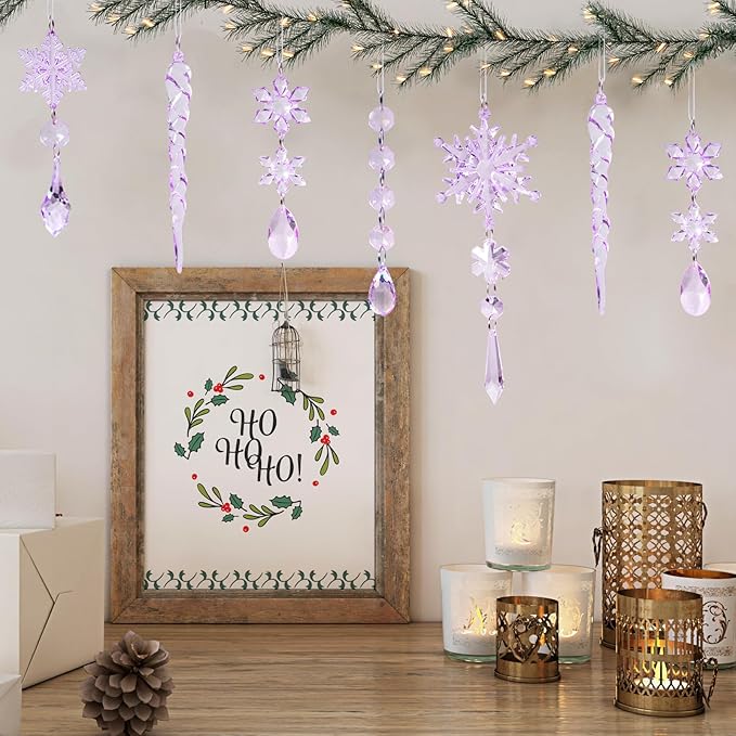 32pcs Crystal Christmas Ornaments for Christmas Tree Decorations-Purple Hanging Acrylic Snowflake and Icicle Ornaments with Drop Pendants for Xmas Winter Wonderland New Year Party Decorations Supplies