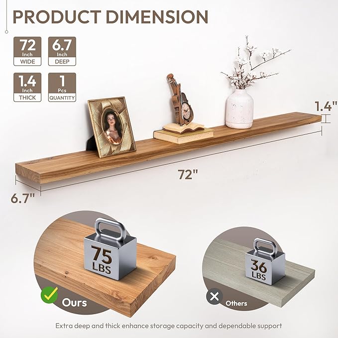 Marsmiles 72 inch Floating Shelves for Wall Solid Elm Wood Wall Mounted Shelves|Rustic Long Floating Shelves with Invisible Bracket for Bathroom Living Room Kitchen|Natural, 1 Pack