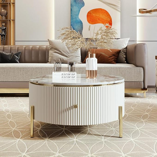Modern Round Coffee Table with 2 Large Drawers Storage Accent Table(31.5'')