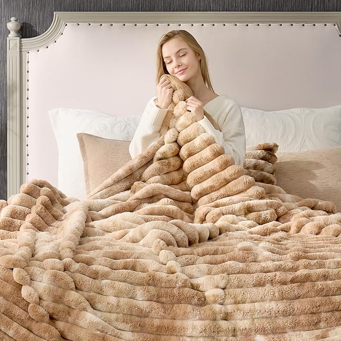 Cozy Bliss Faux Fur Throw Blanket for Couch, Cozy Warm Plush Striped Blanket for Sofa Bedroom Living Room, 108 * 90 Inches Tie-dye Kahki