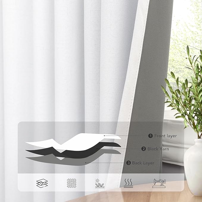 78 Inch Long Linen Textured Blackout Curtains 2 Panels Set for 76-80 inch Window Drapes Back Tab White Room Darkening Curtains for Sliding Glass Door Energy Efficient Noise Cancelling 52x78 in Length